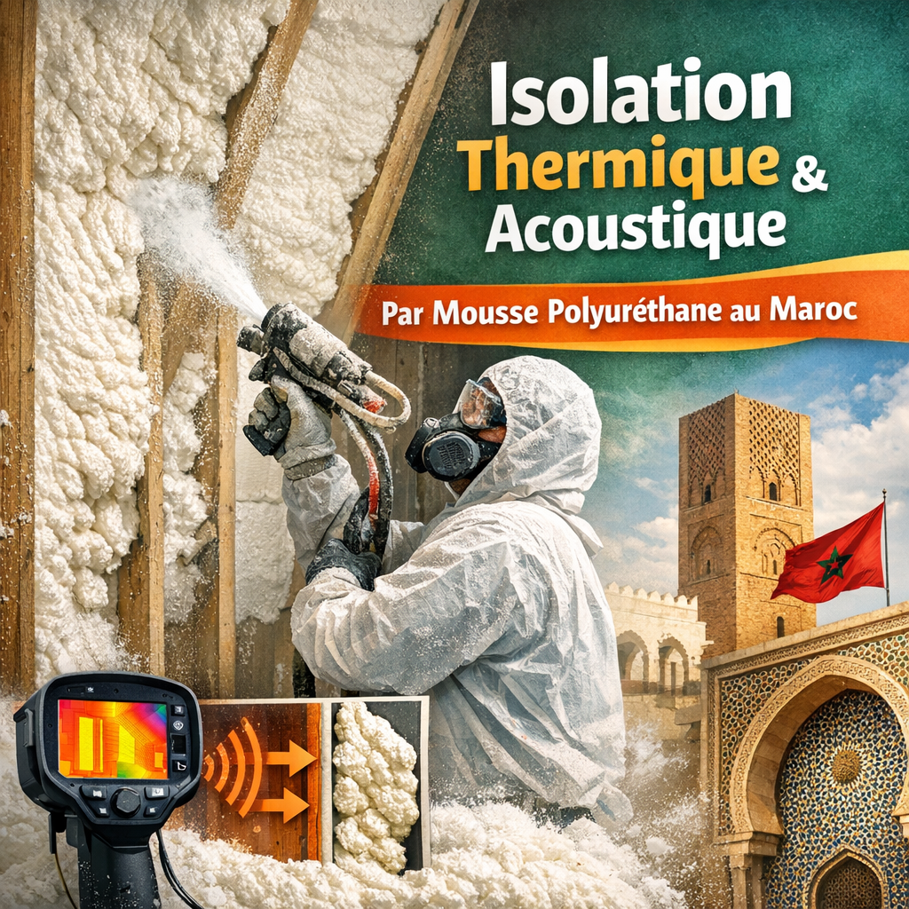 Spray foam polyurethane insulation being applied on a wall for thermal and acoustic protection in a Moroccan building.