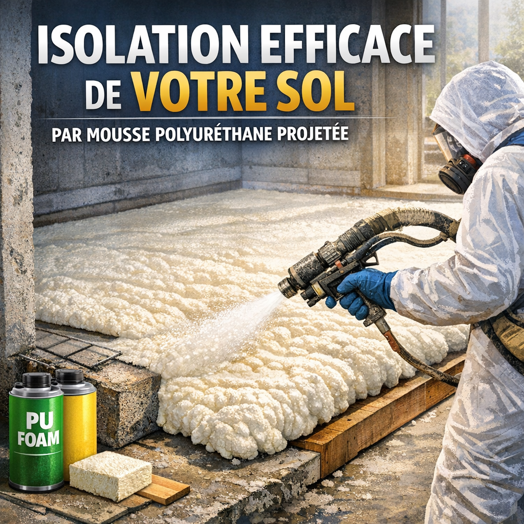 Application de mousse polyuréthane projetée pour une isolation thermique et acoustique efficace du sol.