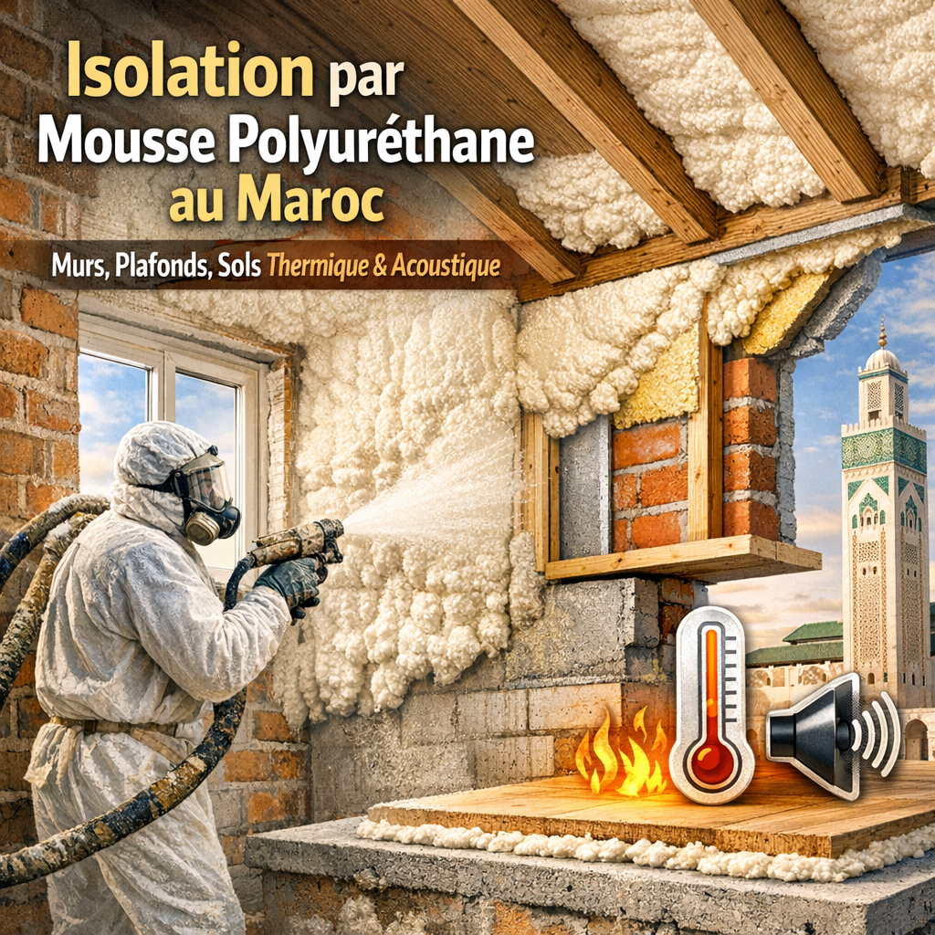 Application de mousse polyuréthane sur murs, plafonds et sols pour isolation thermique et acoustique au Maroc.