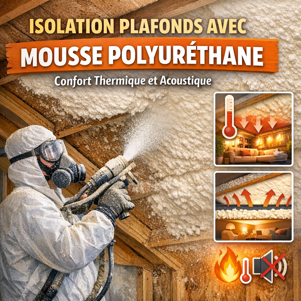 Schéma montrant l'application de mousse polyuréthane sous un plafond pour isolation thermique et acoustique.