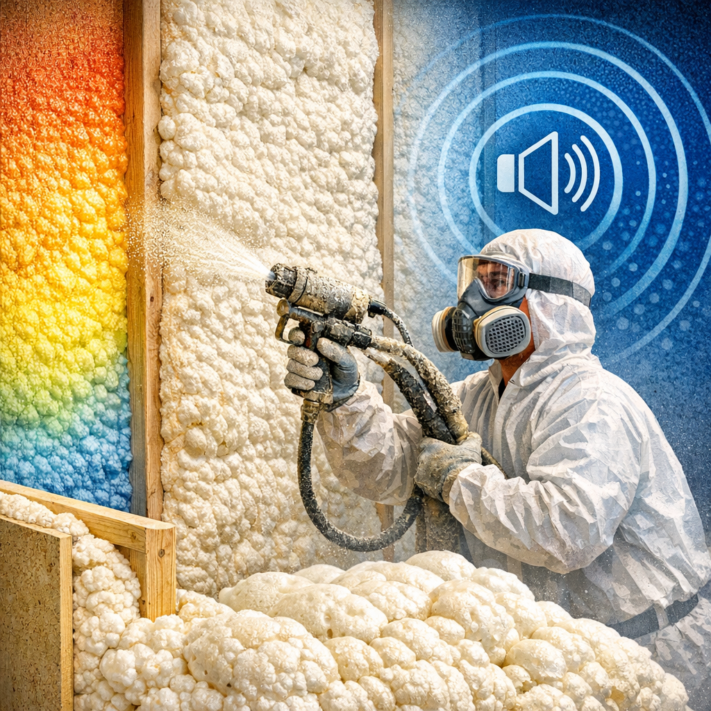 Worker in protective gear spraying polyurethane foam insulation on interior wall for thermal and acoustic isolation.