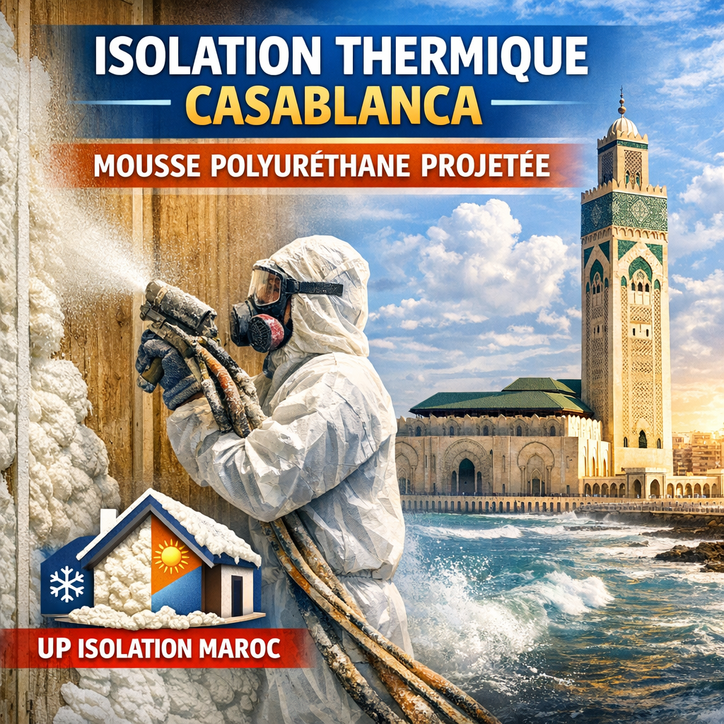 Technician spraying polyurethane foam insulation on walls, enhancing thermal insulation in Casablanca by UP Isolation Maroc.