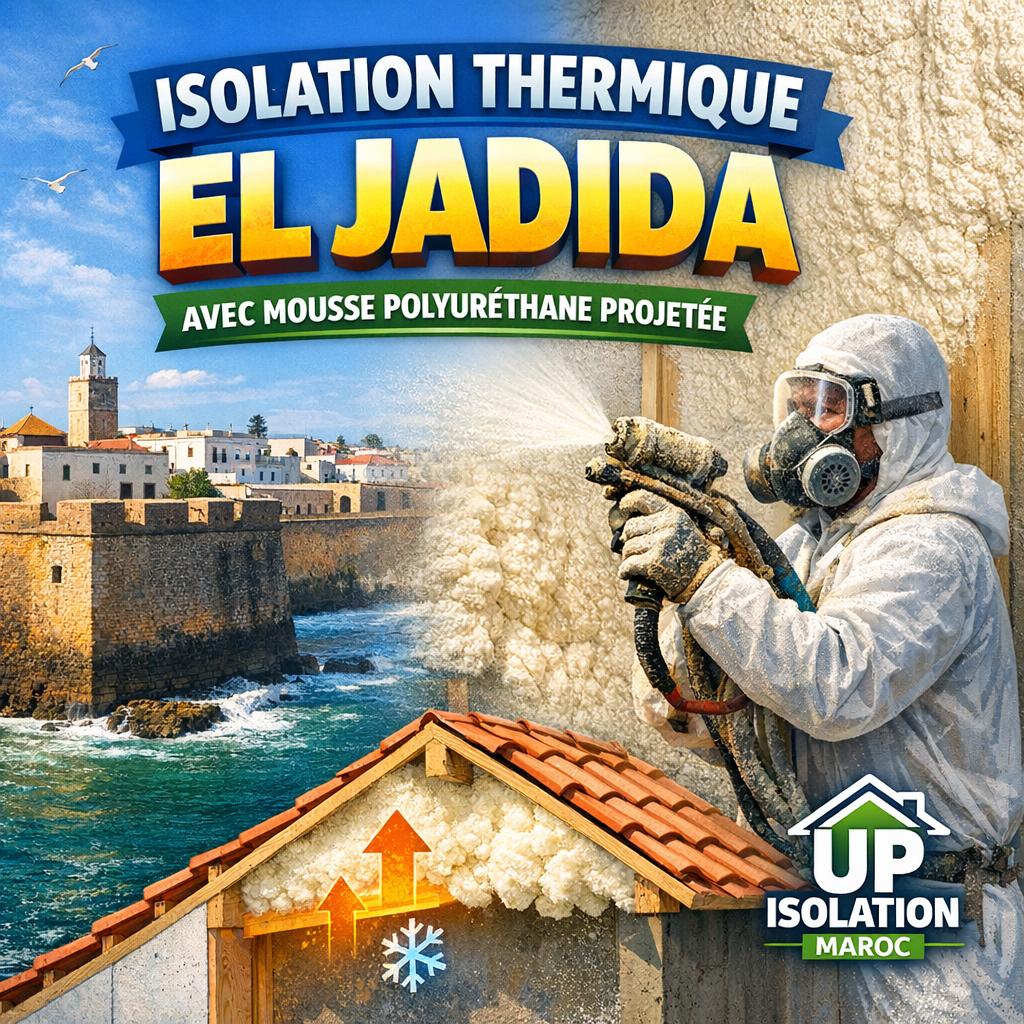 Technician applying sprayed polyurethane foam insulation on a wall for thermal insulation in El Jadida by UP ISOLATION Maroc.