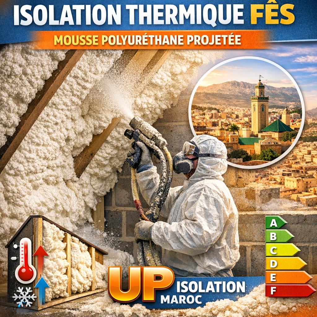 Technician spraying polyurethane foam insulation on a wall for thermal insulation in Fès by UP ISOLATION MAROC.