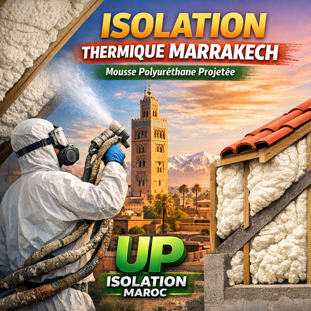 Worker applying white sprayed polyurethane foam insulation on a roof surface in Marrakech for thermal insulation.