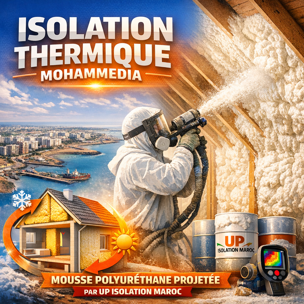 Technician spraying polyurethane foam for thermal insulation on building walls in Mohammedia by UP Isolation Maroc.