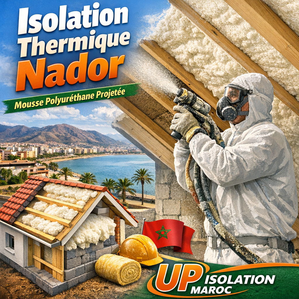 Technician spraying polyurethane foam insulation on a wall for thermal protection in Nador, Morocco by UP ISOLATION MAROC.