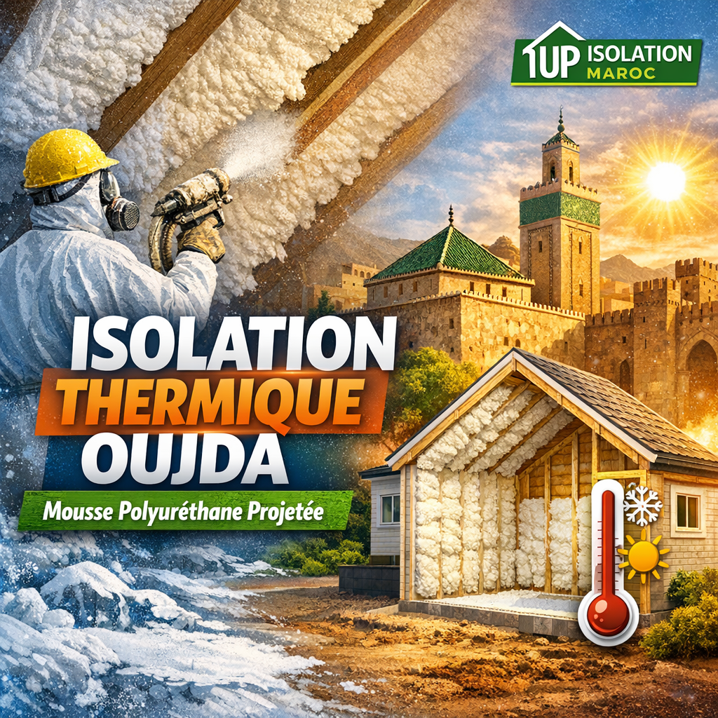 Technician spraying polyurethane foam insulation on a wall in a house in Oujda for thermal energy efficiency.