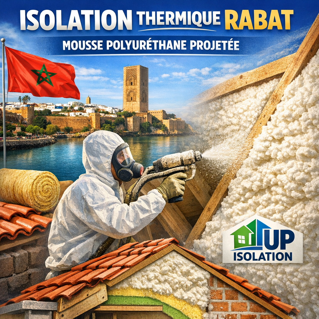 Sprayed polyurethane foam insulation being applied on a wall for thermal efficiency in Rabat by UP ISOLATION.