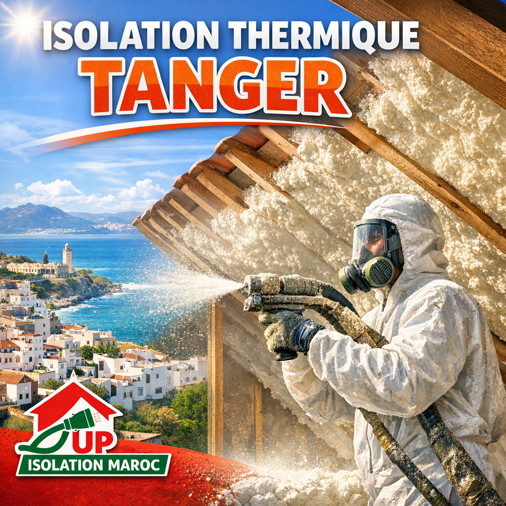Technician spraying polyurethane foam insulation on ceiling in Tangier for thermal energy efficiency by UP ISOLATION MAROC.